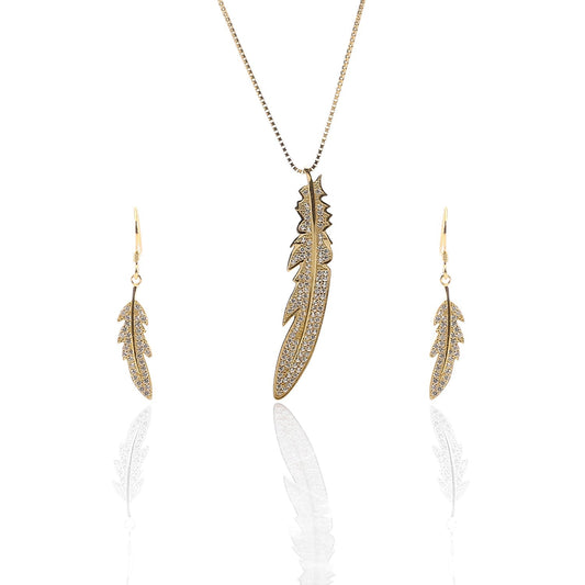 Feather Pendant Necklace and Earring Set - ARJW1015GD ARCADIO
