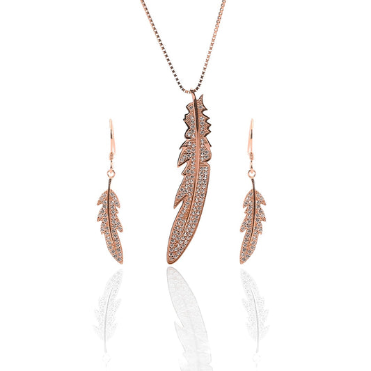 Feather Pendant Necklace and Earring Set - ARJW1015RG ARCADIO