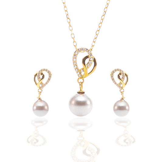 Open Heart Freshwater Hanging Pearl Pendant Necklace and Earrings Set - ARJW1026GD ARCADIO