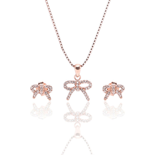 Sparkling Bow Pendant Necklace and Earrings Set - ARJW1010RG ARCADIO