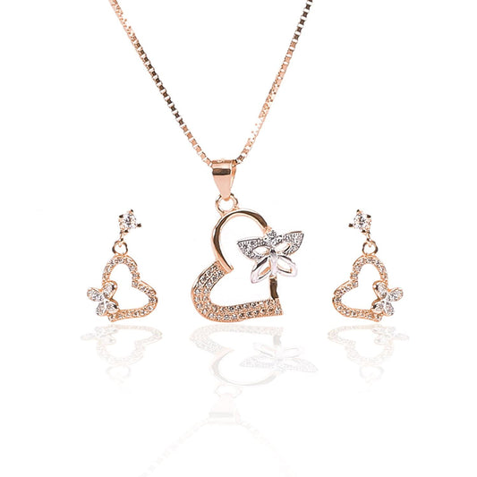 Valentine Heart with Fluttering Butterfly Pendant and Earrings Set - ARJW1003RG ARCADIO