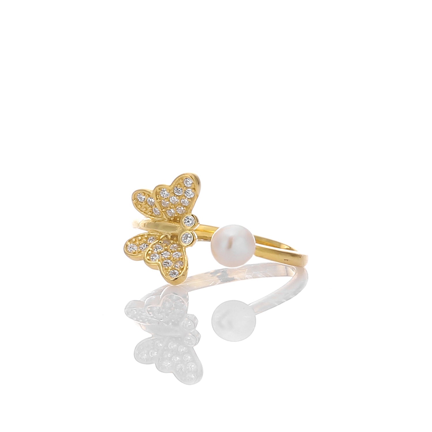 Butterfly with White CZ pearl Expandable Open Adjustable Ring - ARJWR1034GD ARCADIO