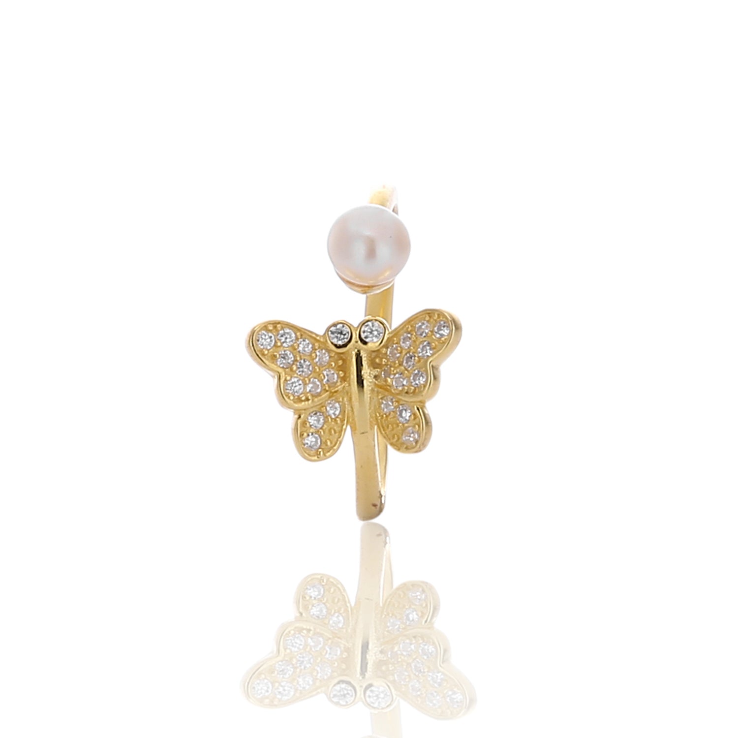Butterfly with White CZ pearl Expandable Open Adjustable Ring - ARJWR1034GD ARCADIO