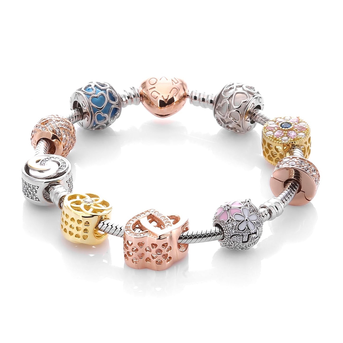 Charm Bracelet with ARCADIO Rose Heart Clasp and Nine Charms ARJWVB1044RD