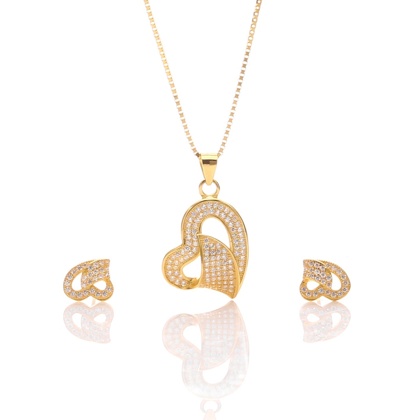 Classic One Sided Bent Heart Shaped Pendant Necklace and Earrings Set - ARJW1014GD ARCADIO