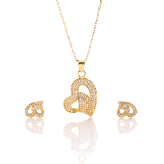 Classic One Sided Bent Heart Shaped Pendant Necklace and Earrings Set - ARJW1014GD ARCADIO