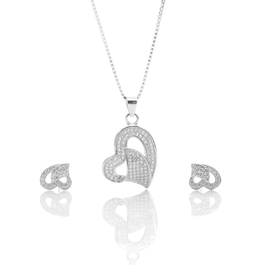 Classic One Sided Bent Heart Shaped Pendant Necklace and Earrings Set - ARJW1014RD ARCADIO