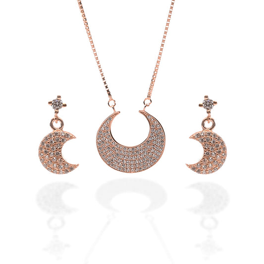 Crescent Moon Shaped Pendant Necklace and Earring Set - ARJW1001RG ARCADIO