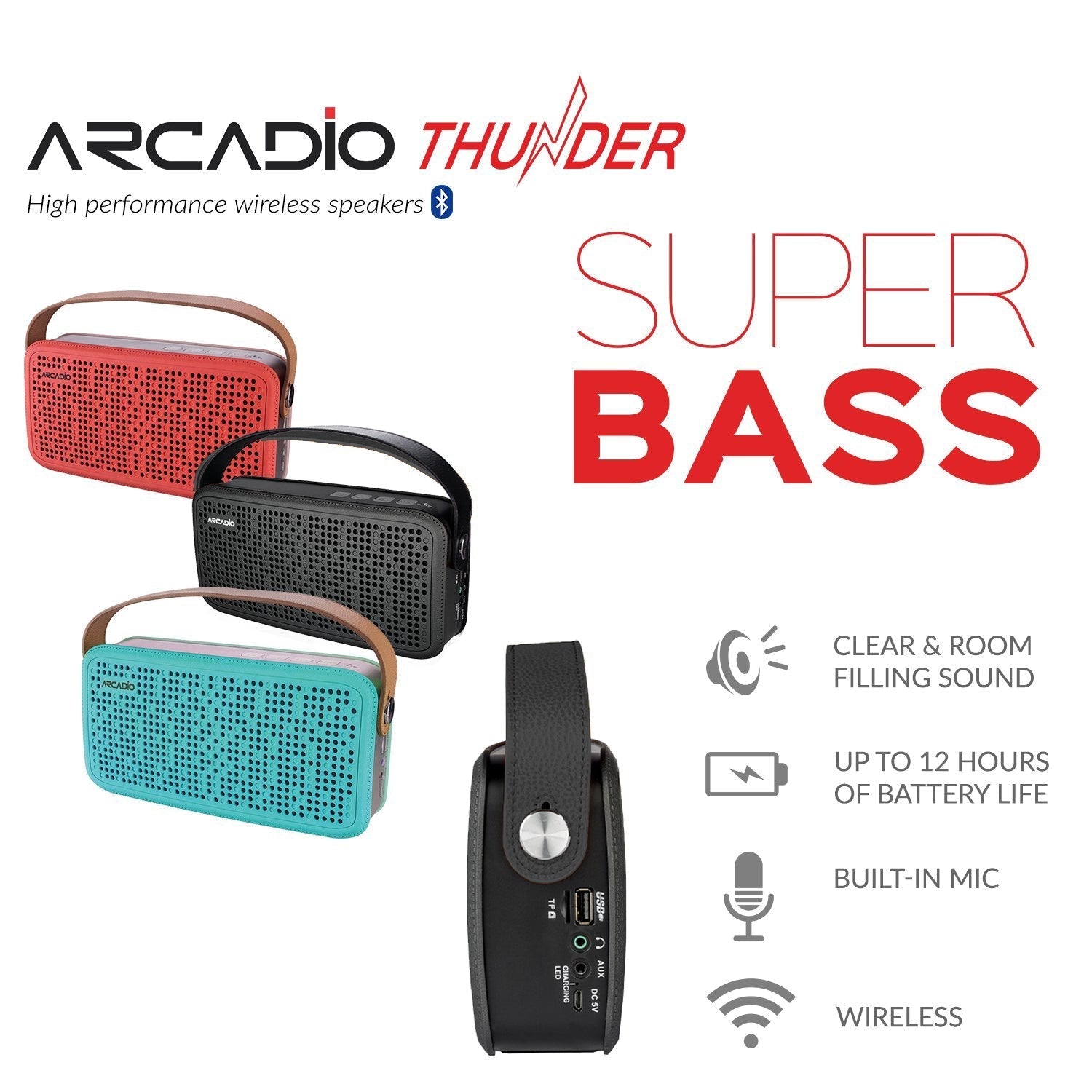 THUNDER - Portable Bluetooth Speaker - Black ARCADIO