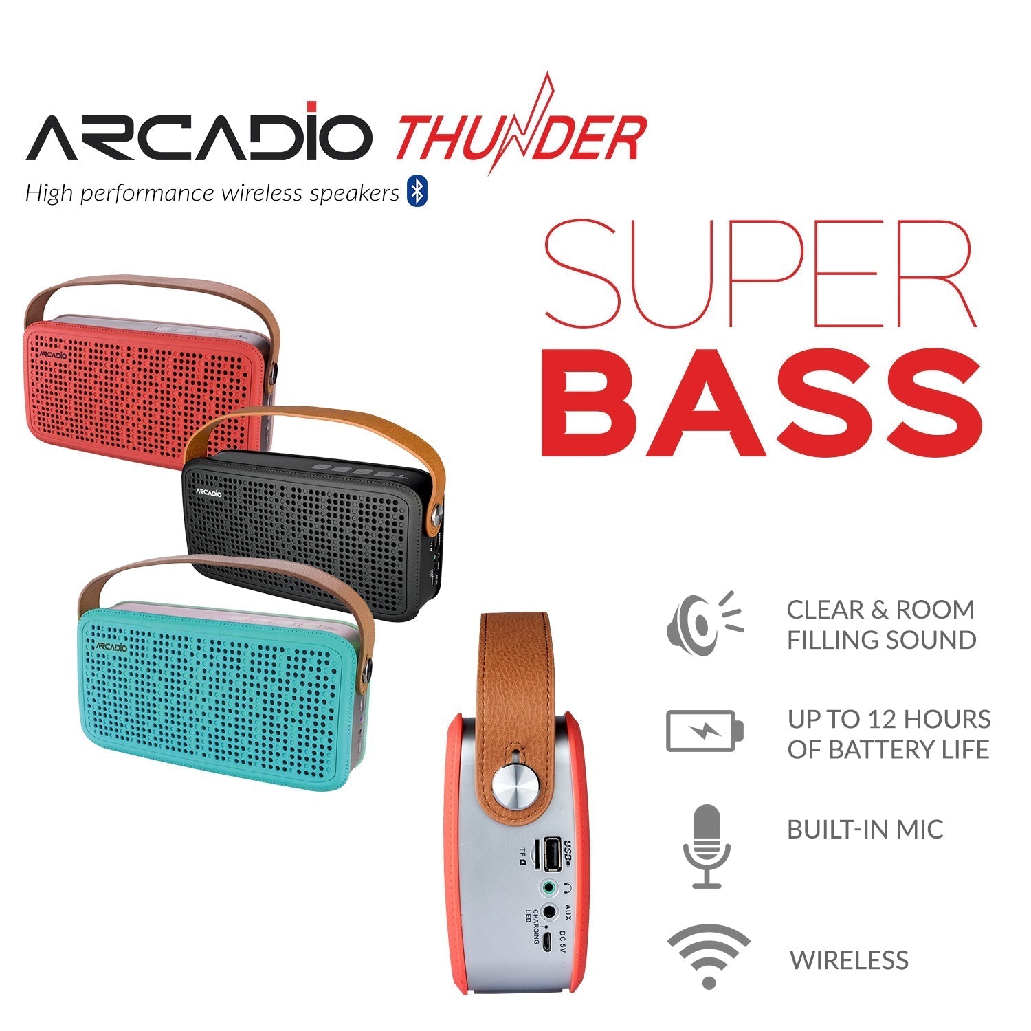 THUNDER - Portable Bluetooth Speaker - Coral Pink ARCADIO