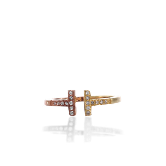 Two - Tone Delicate Double Bar T Adjustable Ring - ARJWR1042GD ARCADIO